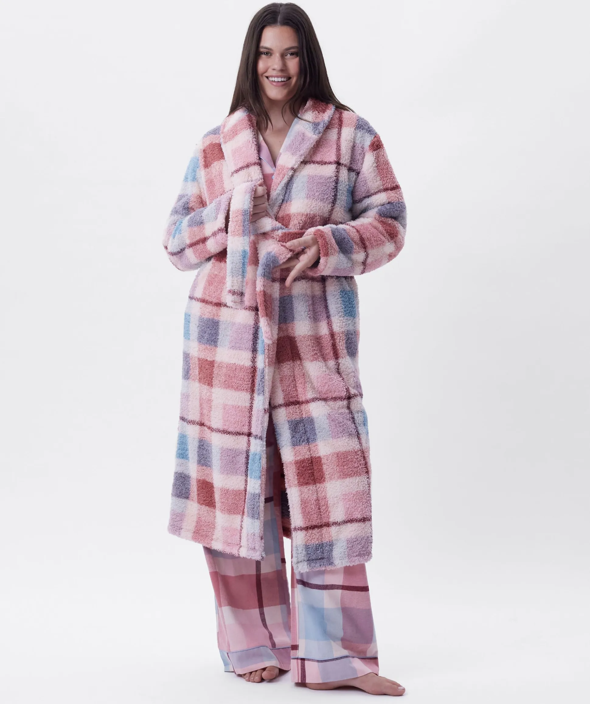 Azlin Long Gown-Print Check / Dusty Pink