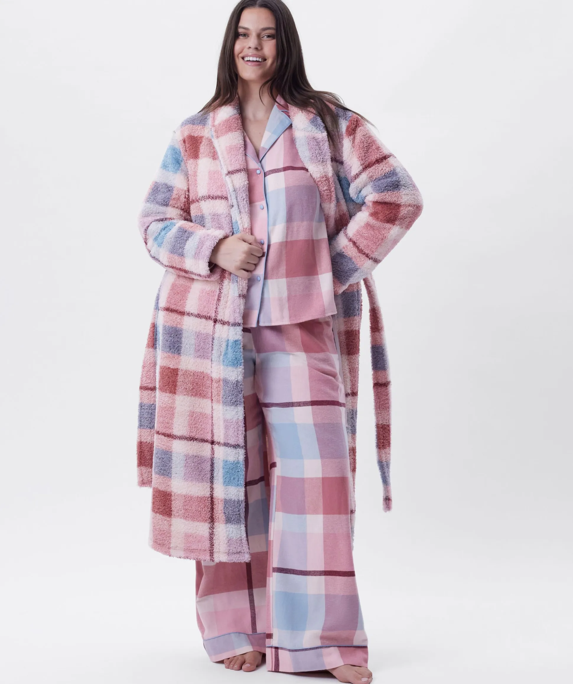 Azlin Long Gown-Print Check / Dusty Pink