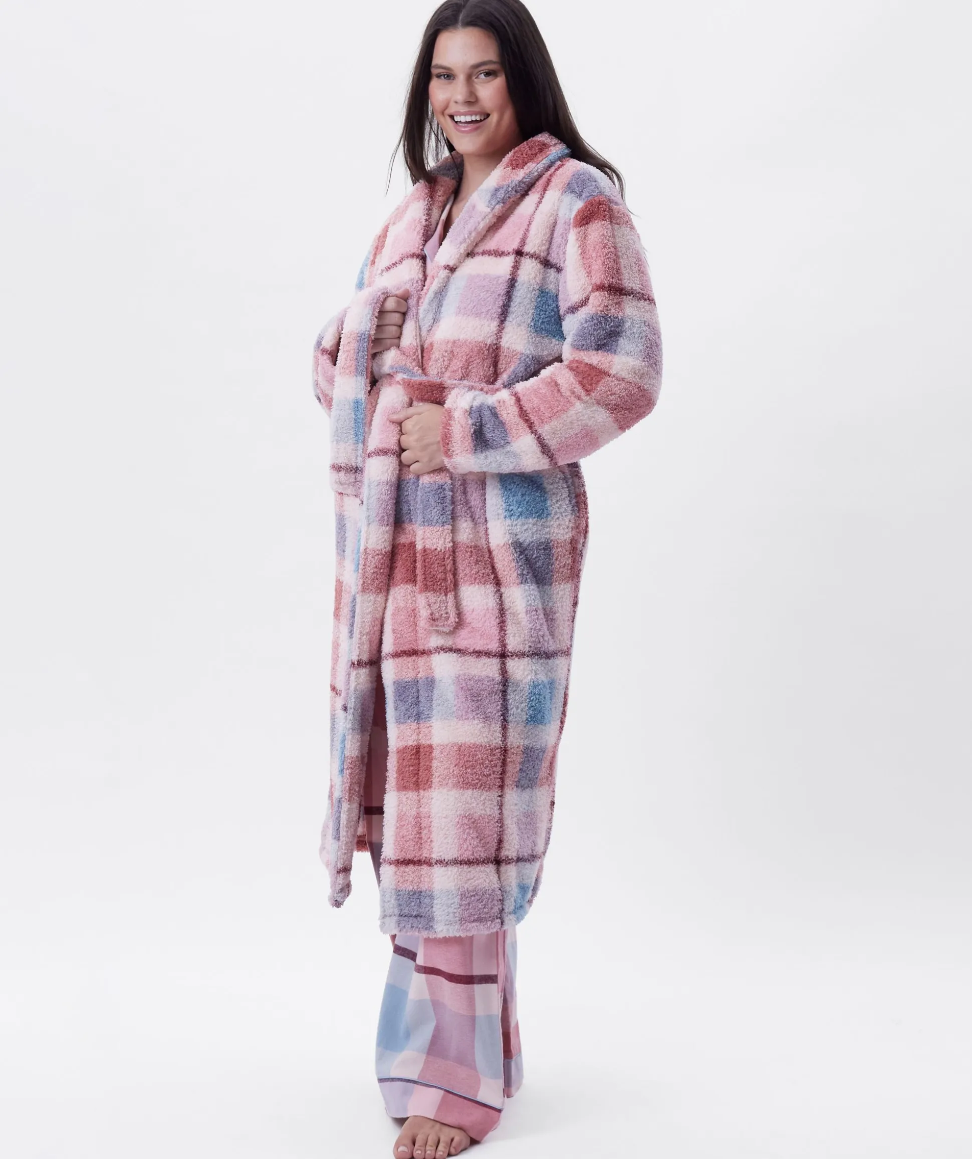 Azlin Long Gown-Print Check / Dusty Pink