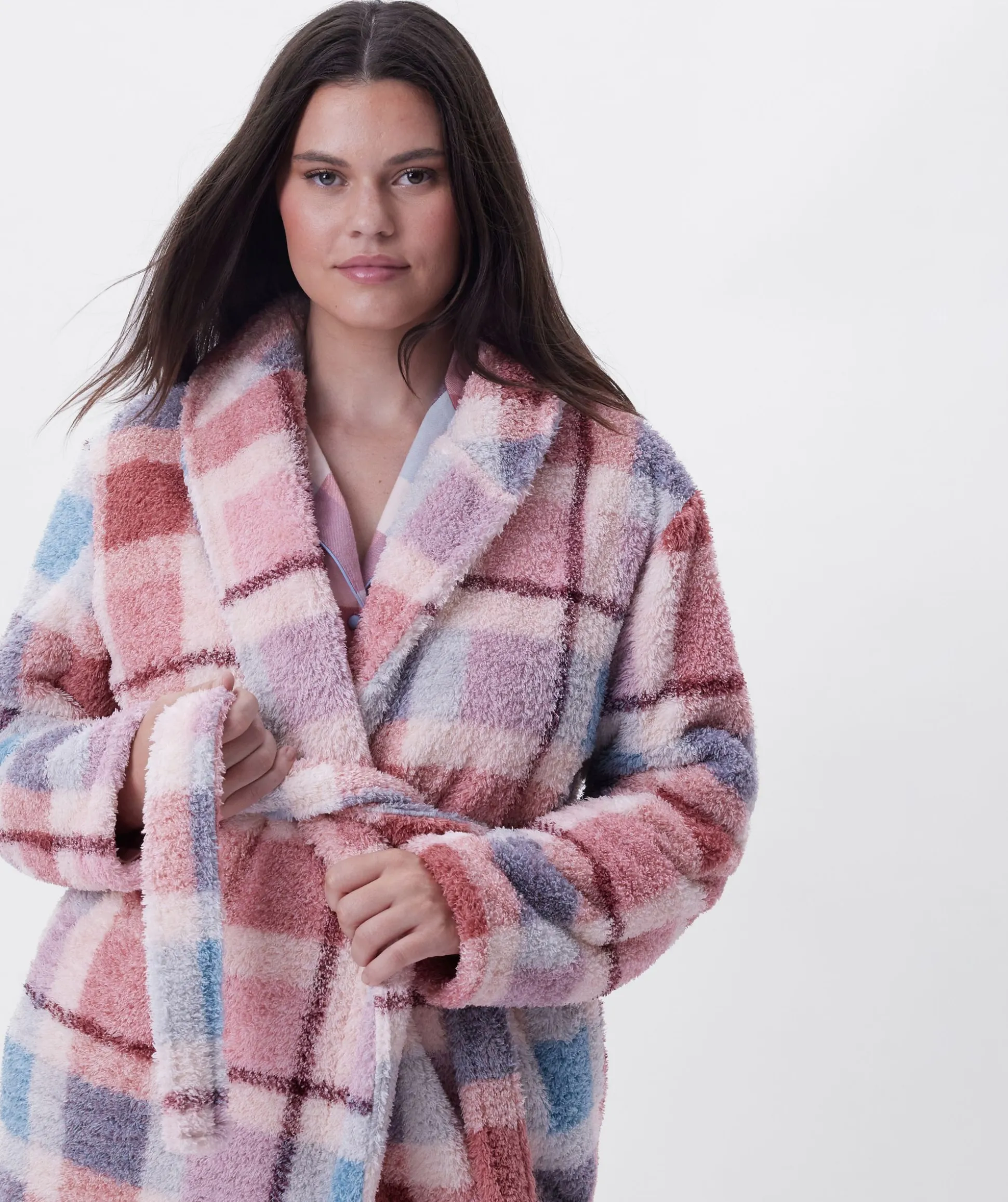 Azlin Long Gown-Print Check / Dusty Pink