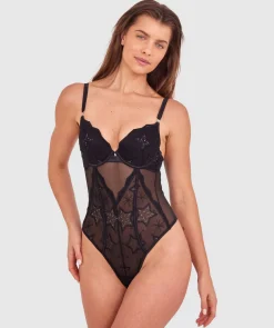 Dua Push Up Plunge Dentele Bodysuit - Black