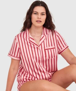 Liquid Satin Short Sleeve Shirt-Print Stripe