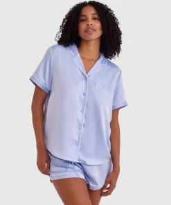 Liquid Satin Short Sleeve Shirt - Pale Blue/Ivory