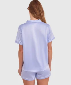Liquid Satin Short Sleeve Shirt - Pale Blue/Embro
