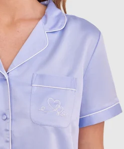 Liquid Satin Short Sleeve Shirt - Pale Blue/Embro