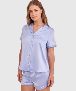 Liquid Satin Short Sleeve Shirt - Pale Blue/Embro