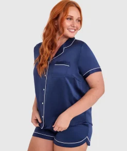 Liquid Satin Short Sleeve Top - Navy
