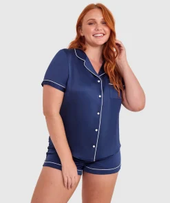 Liquid Satin Short Sleeve Top - Navy