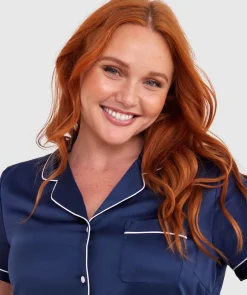 Liquid Satin Short Sleeve Top - Navy