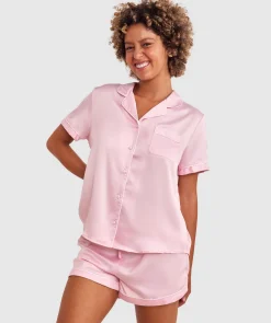 Liquid Satin Short Sleeve Top - Light Pink
