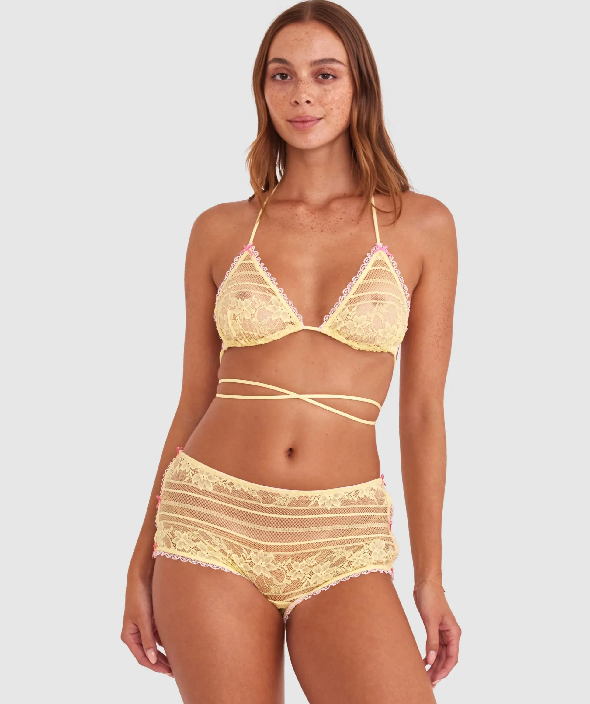 Night Games Juicy Bralette & Shortie Set - Light Yellow/ Light Pink