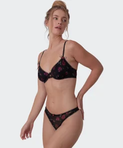 Night Games Lust In Bloom Unlined Bra & G String Set - Print Floral/Black