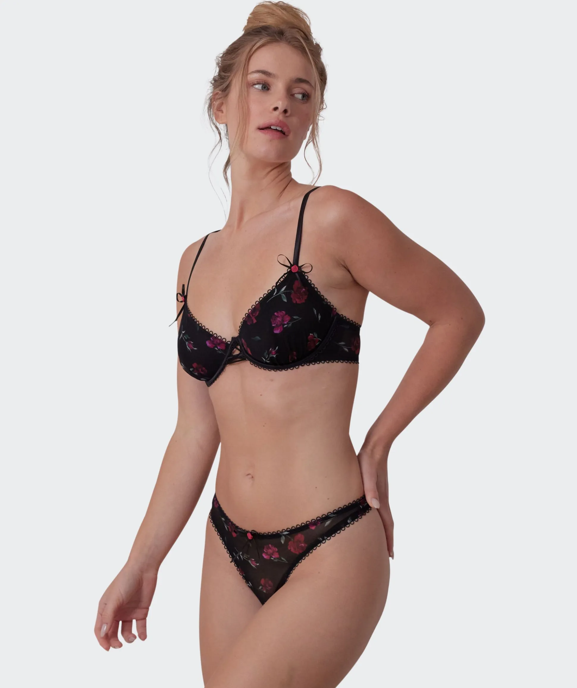 Night Games Lust In Bloom Unlined Bra & G String Set - Print Floral/Black