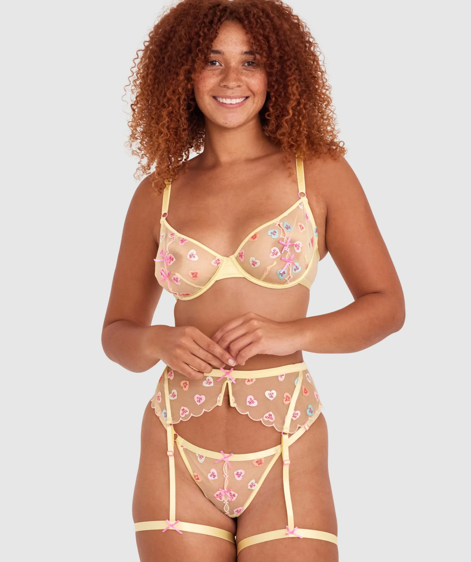 Night Games Sweet Thing Suspender - Light Yellow/ Pink