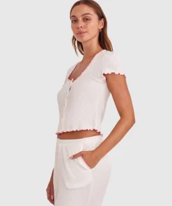 Sary Short Sleeve Cardi - Ivory/Pink