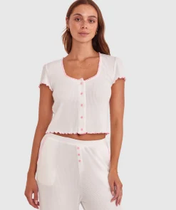 Sary Short Sleeve Cardi - Ivory/Pink