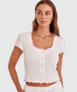 Sary Short Sleeve Cardi - Ivory/Pink