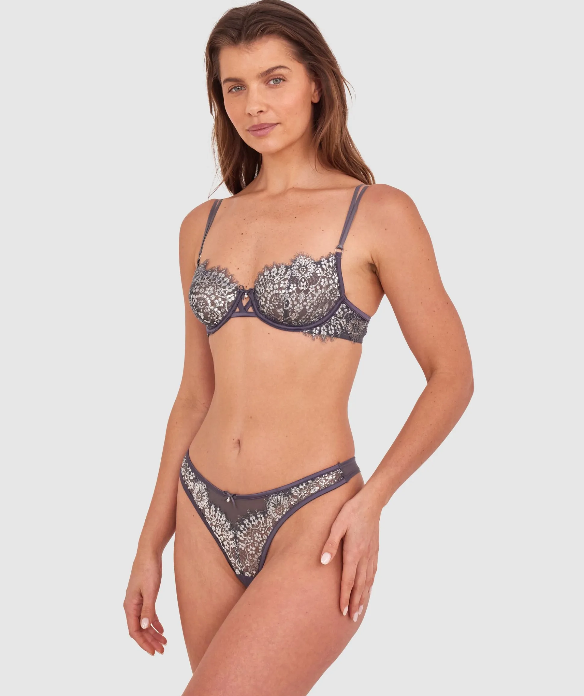 Silvia High Leg G String - Dark Grey/Silver