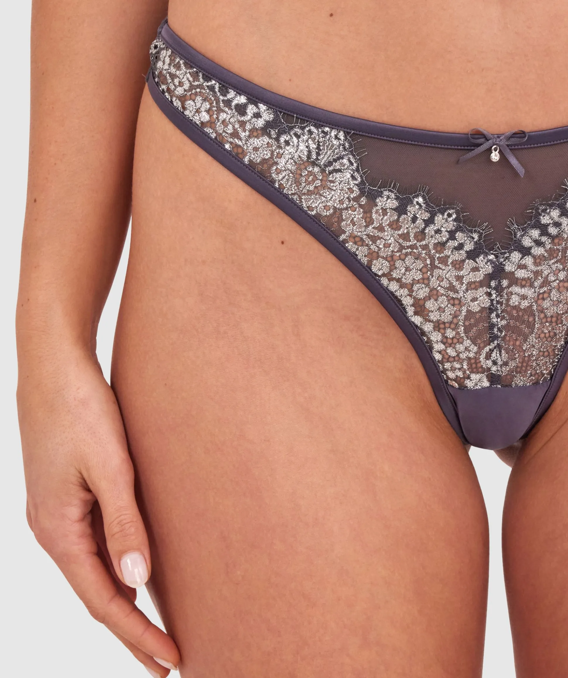 Silvia High Leg G String - Dark Grey/Silver
